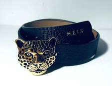 Handcrafted Women's Black Faux Croc Belt Gold Tone Leopard Buckle 1 inch Width