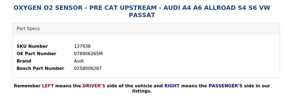 OXYGEN O2 SENSOR - PRE CAT UPSTREAM - AUDI A4 A6 ALLROAD S4 S6 VW PASSAT - Image 4 of 4