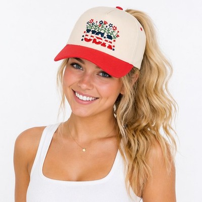 C.C Women Floral Flag USA Cotton Snapback Criss Cross Ponytail Baseball Cap Hat