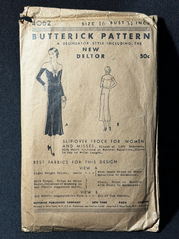 Vintage 1920s BUTTERICK PATTERN NEW DELTOR 4062 FROCK DRESS Size 16 Bust 34