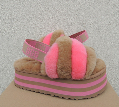 UGG CHESTNUT DISCO STRIPE COMBO FLUFF SLIDE SANDALS, WOMEN US 8/ EUR 39 ~NIB