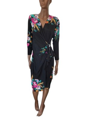 Vtg 80s Dress PG Collections Ginger Bort Black Floral Rayon 40s Small 4