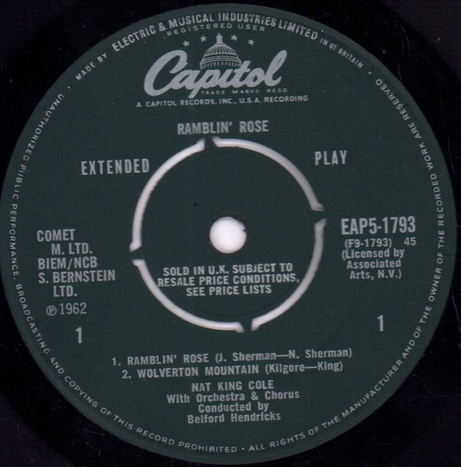 Nat King Cole Ramblin' Rose 7" vinyl UK Capitol 1962 mono ep 4 prong label - Image 3 of 3