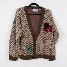 Vintage 90s Sewn Patch Brown Cable Knit Grandma Mom Cardigan Sweater Size Small