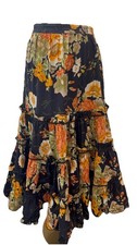 Vintage Boho Hippie Black Floral Tiered Prairie Skirt Ruffles Lace Trim Size XL