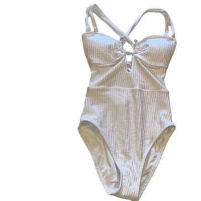 BECCA-Rebecca Virtue-M-White-One Piece Swimsuit Plunging Neckline,High-Leg Cut.