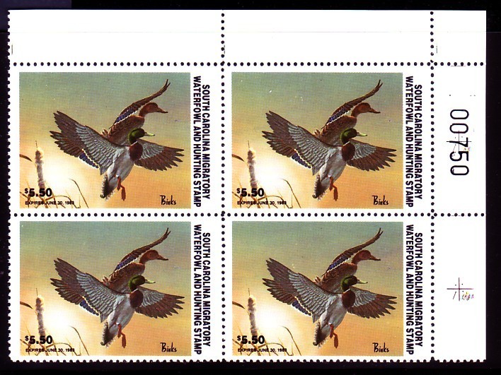 STATE DUCK PLATE BLOCK.  SOUTH CAROLINA #2.   VF1  NH OG.  ESCV $425+