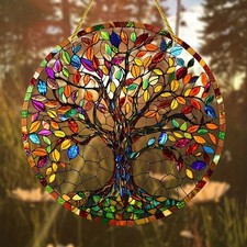 Tree of Life Sun Catcher Colorful Acrylic Stained Glass Style Exterior Courtyard