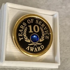 Employee Service Award 10 Years Lapel Pin Gold Tone Blue Crystal Gift Boxed