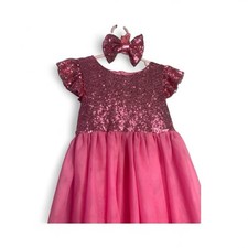 Hot Pink Girls Sequin Tulle Tutu Skirt Ruffle Short Sleeve W Headband 3-4 Yrs