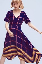 Anthropologie Pane Navy Pink Grid Print Asymmetrical Swing Midi Dress 2