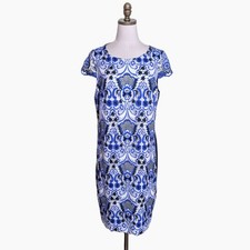 Antonio Melani Embroidered Sheath Dress Size 14 Blue White Floral Short Sleeves