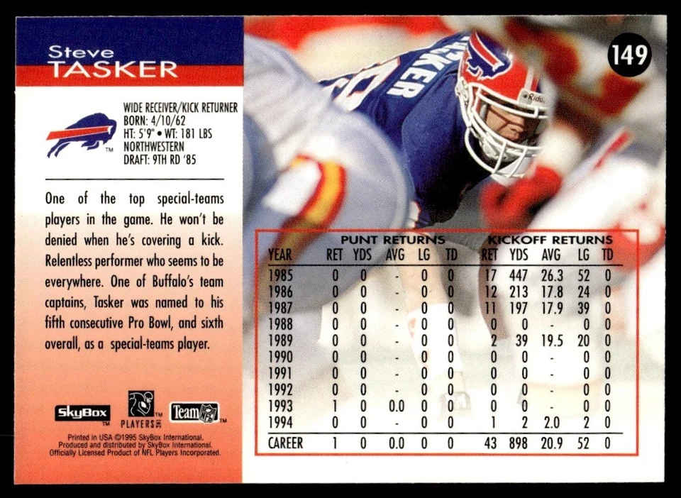 1995 SkyBox Impact Steve Tasker Buffalo Bills #149 - Image 2 of 2