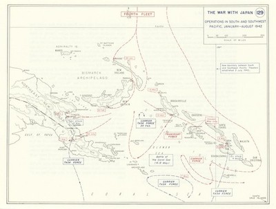 2. Weltkrieg. Jan-Aug 1942. SW Pacific Ops. Neuguinea Salomonen 1959 Karte