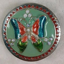 Butterfly Belt Buckle Enamel Rhinestone Round Silver Tone Mint Green