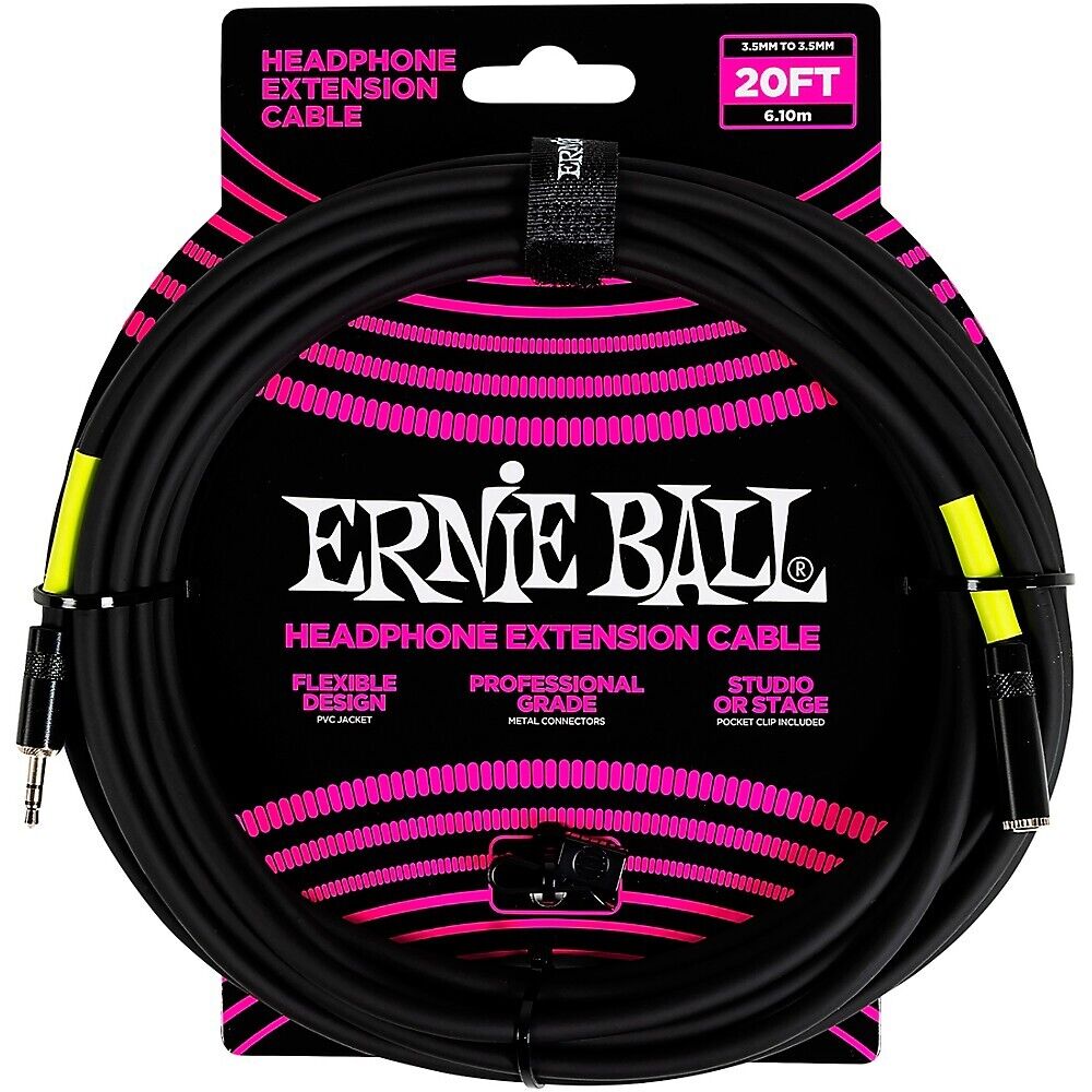 Удлинительный кабель для наушников Ernie Ball от 3,5 мм до 3,5 мм длиной 20 футов. Черный