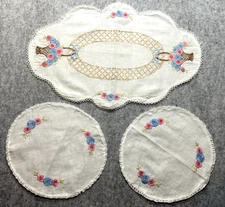 3 Vintage Hand Embroidered Floral Baskets Table Scarfs Doilies Cottage Core
