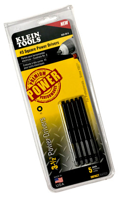 NEW KLEIN TOOLS #3 Square Power Drivers, 3-1/2'', 5 Pack! (P/N: SQ3-35-5)