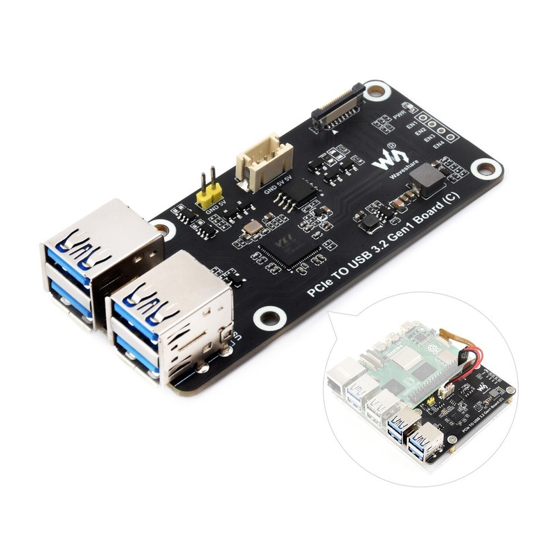Waveshare PCIe To 4-Ch USB3.2 Gen1 Board Up To 5Gbps Raspberry Pi 5 PCIe Adapter