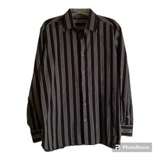 Perry Ellis Dress Shirt Men's Black Blue Stripe Size L