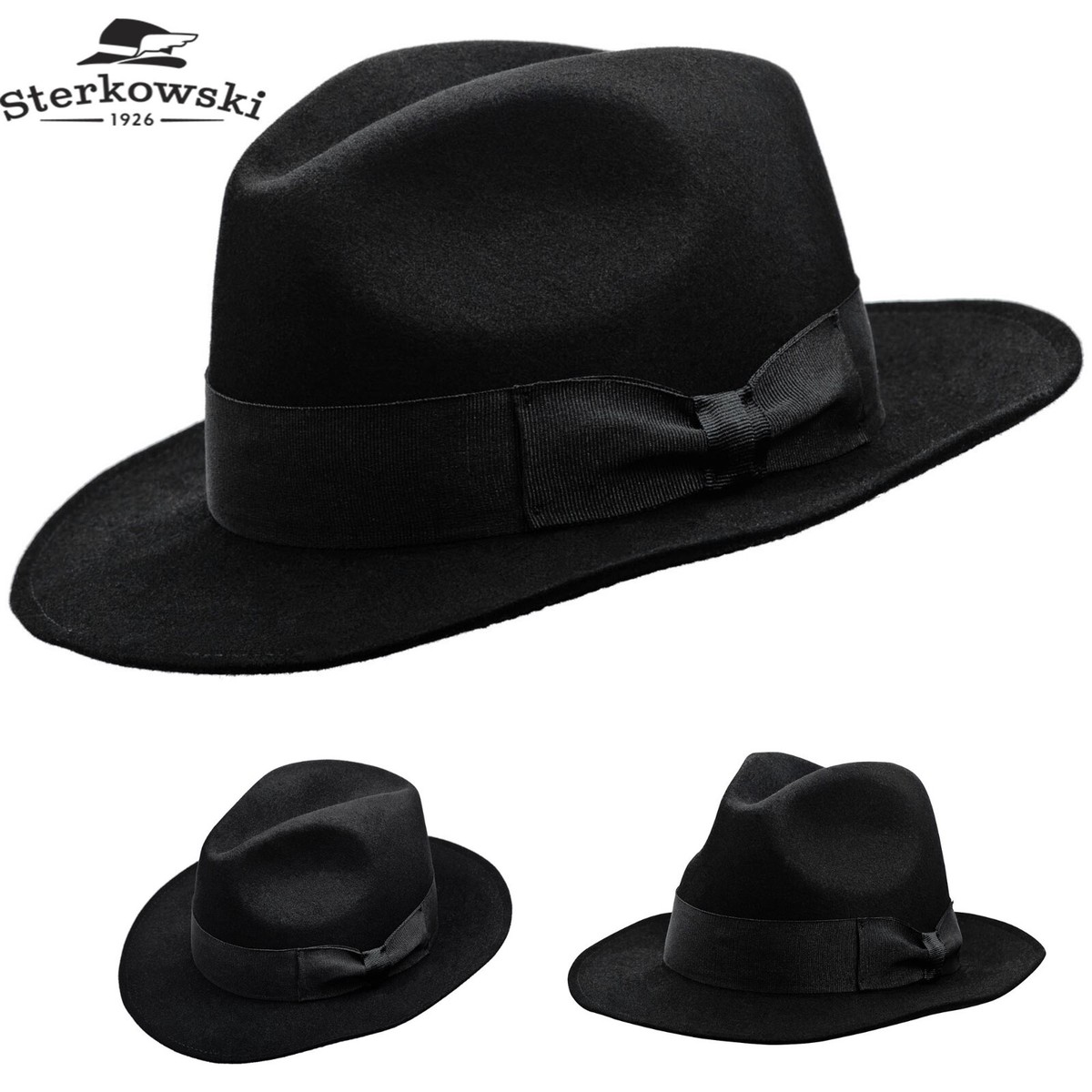 Sterkowski VINCENT Rabbit Fur Felt Fedora Hat Classic Vintage Elegant  Black/Gray