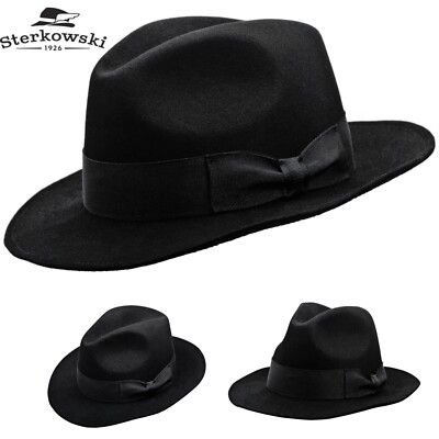 Sterkowski VINCENT Rabbit Fur Felt Fedora Hat Classic Vintage Elegant Black/Gray