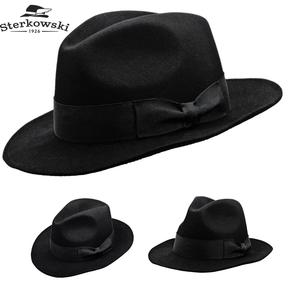 Sombrero Fedora Sterkowski VINCENT Piel de Conejo Fieltro Clásico De Colección Elegante Negro/Gris - Imagen 1 de 1