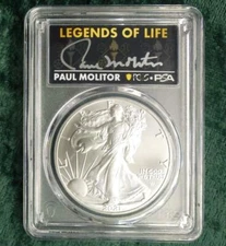 2021 PCGS MS70 Type 2 Silver Eagle Dollar, Paul Molitor Hand Autographed Label