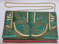 Chain Clutch Glass Beaded Evening Handbag Bag Floral Purse Handmade Green Gold