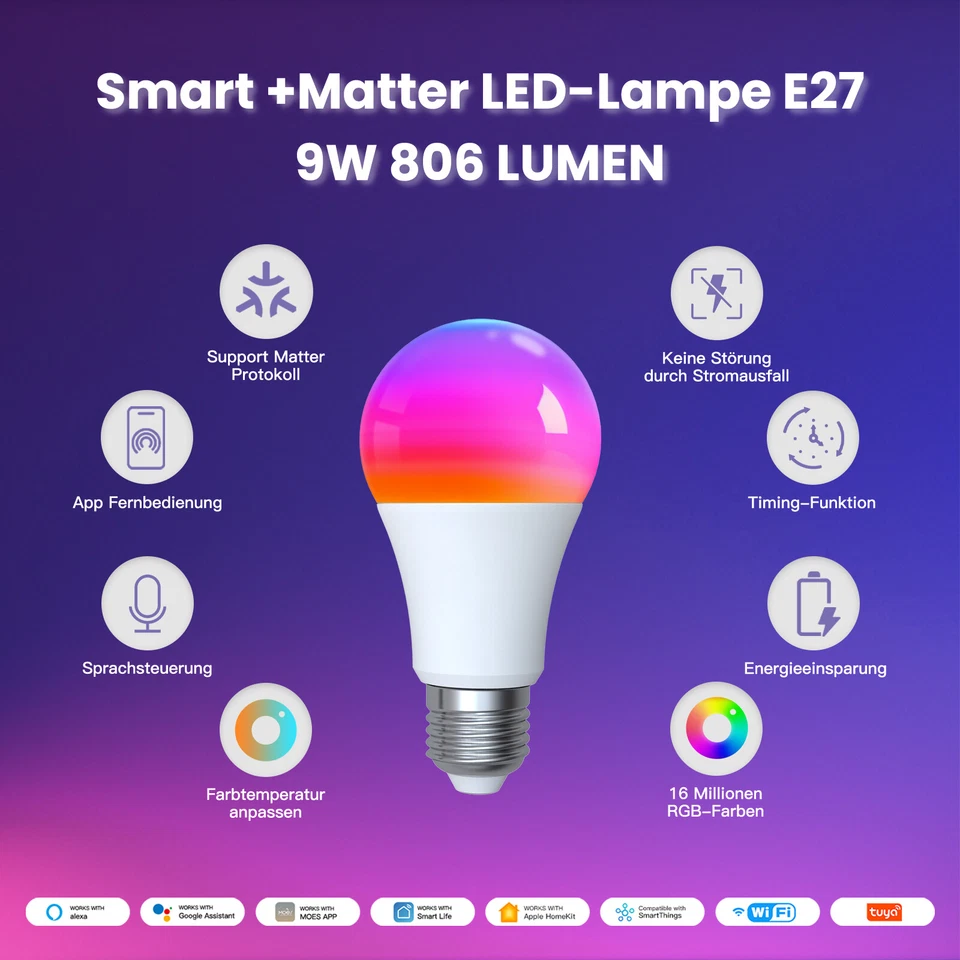 MOES Smart Matter Glühbirne E27 WLAN LED Leuchtmittel RGB Dimmbar Lampe 9W 800LM - Bild 2 von 4
