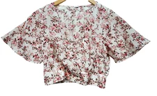Womens Floral Wrap Blouse Cropped Top Size S/M Pink Floral Coastal Beach