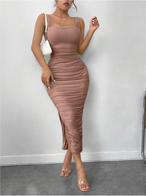 Apricot SXY Ruched Slit Hem Mesh Bodycon Dress Sz XS S M L XL | eBay