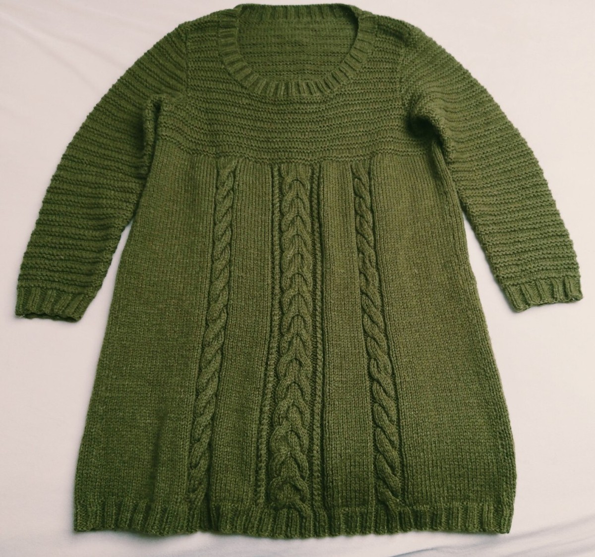 100% Wool Hand Knitted Jumper Dress Chunky Cable Olive Green Made In  England L