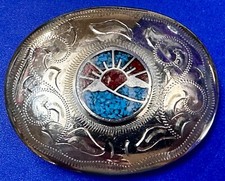 Turquoise  Coral Chip Inlay Native American Sunset Scene Artisan Belt Buckle