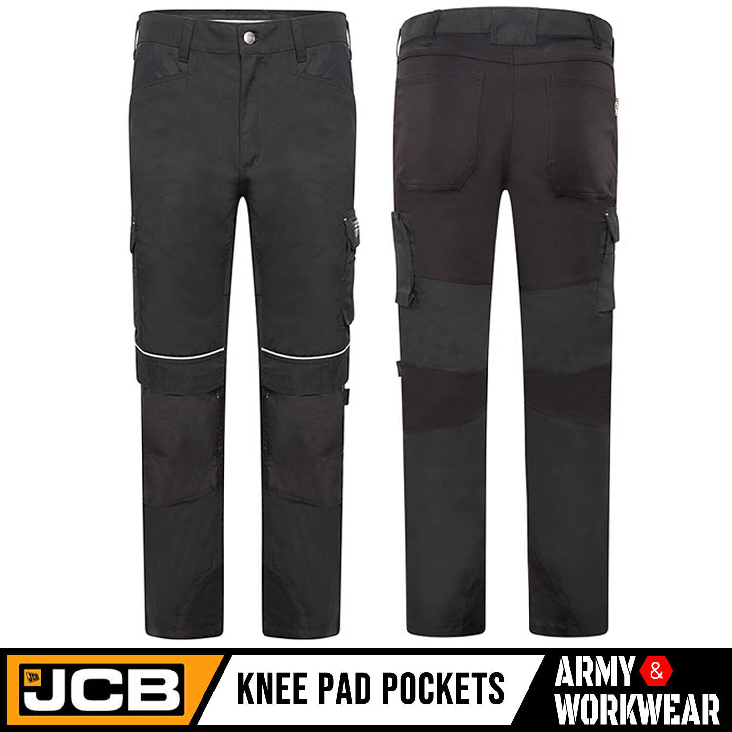 JCB Trade Hybrid Stretch Mens Work Cargo Trouser Regular Knee Pad Pockets Black