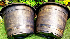 SET 2 x XXL LARGE 44CM BRONZE Barrel Plant Pot Outdoor Garden Plastic Planter