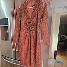 David Meister Cocktail Dress 6 Brown Lace Leopard Print Beaded Accent Sheath