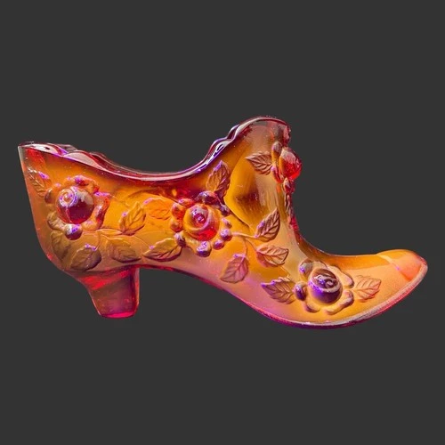 Vintage Fenton Ruby Red Uranium Glass Shoe Slipper Rose Pattern