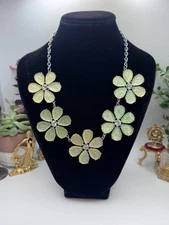 Charming Charlie Green Flower Necklace  Silvertone Chain Chunky Adjustable