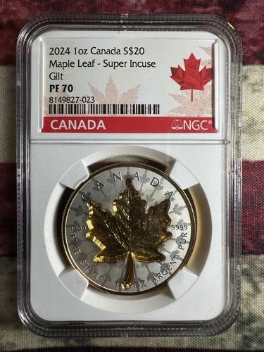 2024 Canada 1oz Silver Maple Leaf SUPER INCUSE Proof NGC PF70 24K gold Gilt