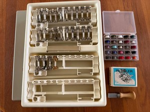 Genuine Bernina Old Style Lot Of 25 Presser Feet, 25 BB Bobbins And Box