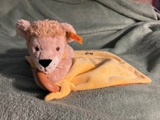 STEIFF Baby Leo Lion Plush with Yellow Security Blanket Wood Teether Ring NWT