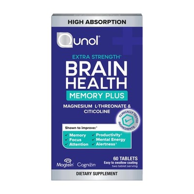 Qunol Brain Health Memory Plus, Magnesium 60 Count (Pack of 1), Blue 