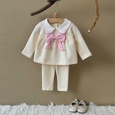 Spring Autumn BabyGirl Solid Color Bow Top Pants Princess Two-piece Set