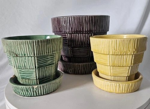 Set of 3 Vintage McCoy USA Pottery Basket Weave Flower Pot Planter