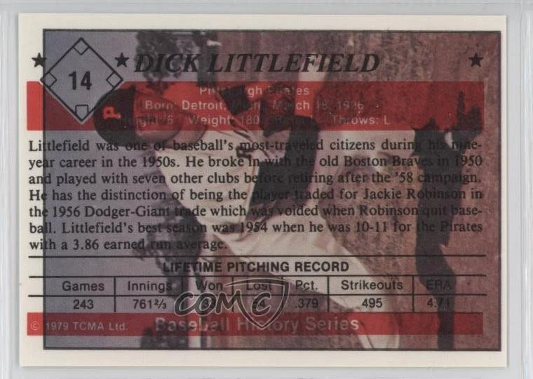 1979 TCMA Baseball History Series the 1950's Printing Errors Dick Littlefield - Image 2 of 2