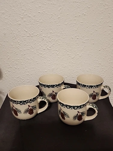 Folk Craft Pinecone Coffee Mugs Cocoa Tea Cups Mountain Country Cabin Set of 4