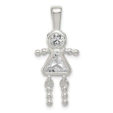 Sterling Silver Rhodium-plated CZ and Birthstone Clear April Glass Girl Pendant