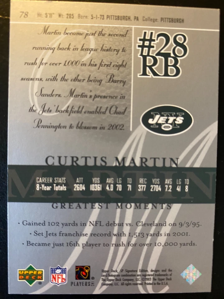 Curtis MARTIN 2003 SP Signature Edition Upper Deck #78New York Jets - Image 2 of 2