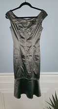 David Meister Silver Satin Trumpet Knee Sheath Bodycon Party Cocktail Dress Sz 2